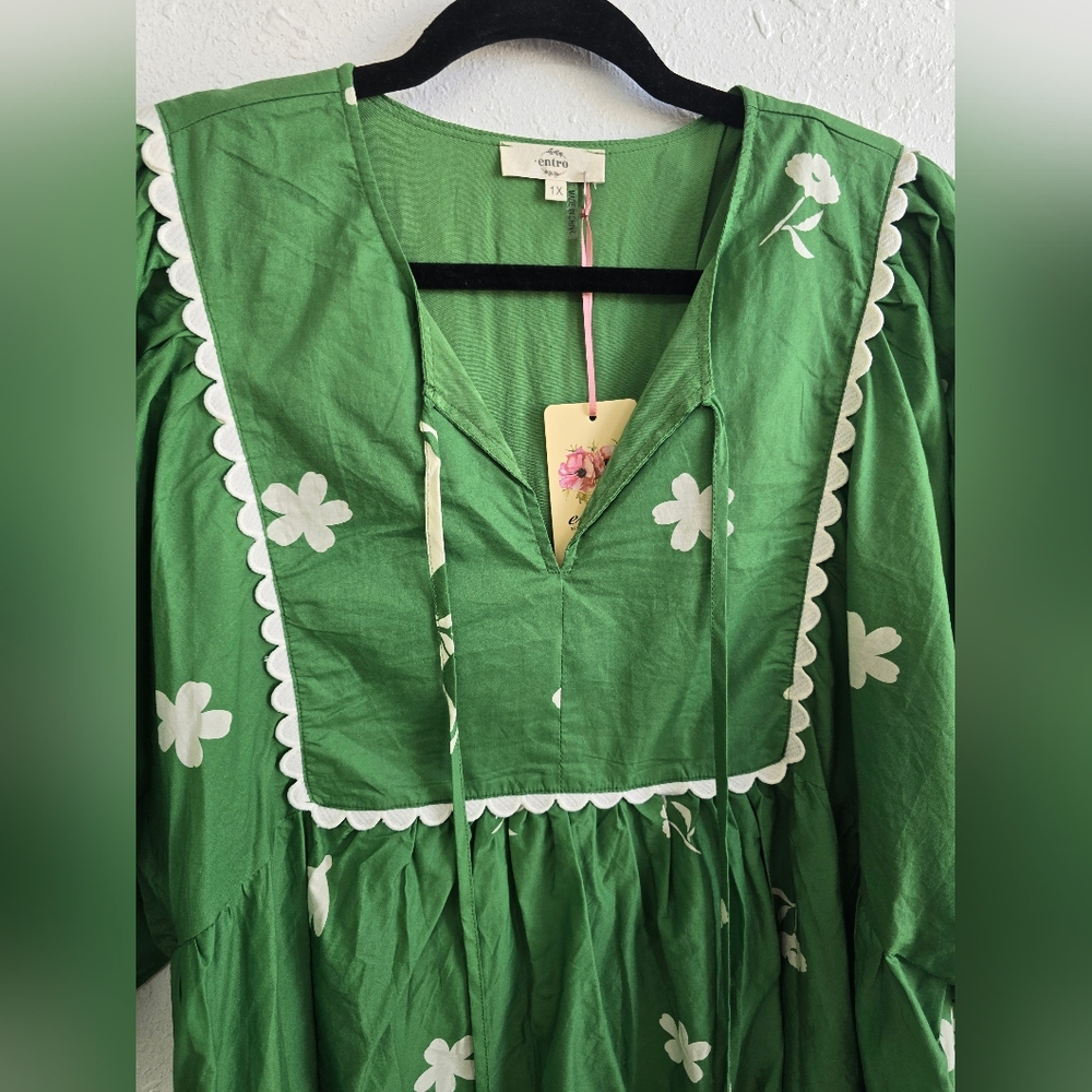 Entro NWT Glorious Green Babydoll Dress Stamped Floral Spring Mini Sz 1X - Picture 7 of 10